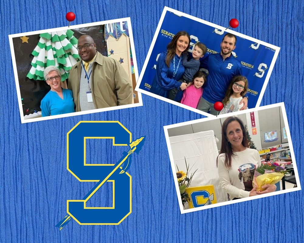 pictures of eight smiling people, five adults, three children, arranged in a collage with a blue background and an S logo in the forefront