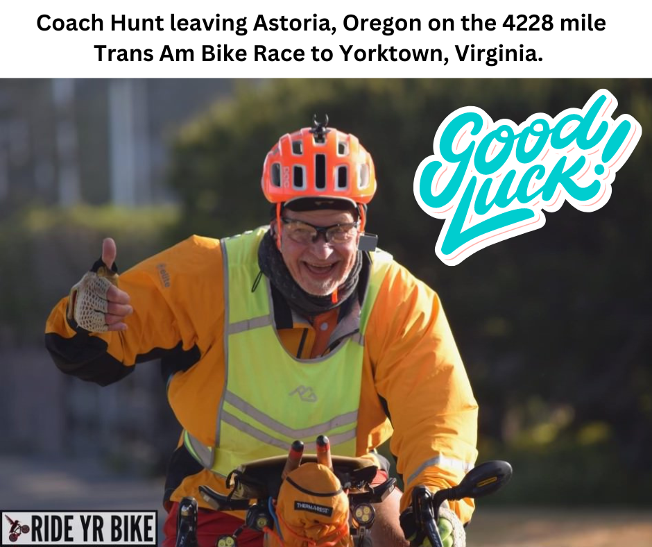 Coach Hunt leaving Astoria, Oregon on the 4228 mile Trans Am Bike Race to Yorktown, Virginia. 